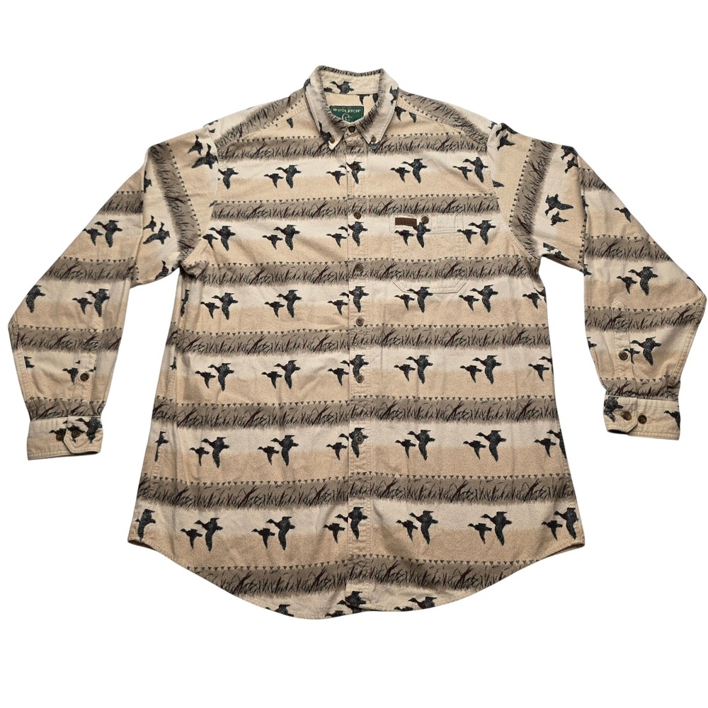 Woolrich Ducks Unlimited Flannel Shirt Flying Duck Print Tan Mens XXL Hunting